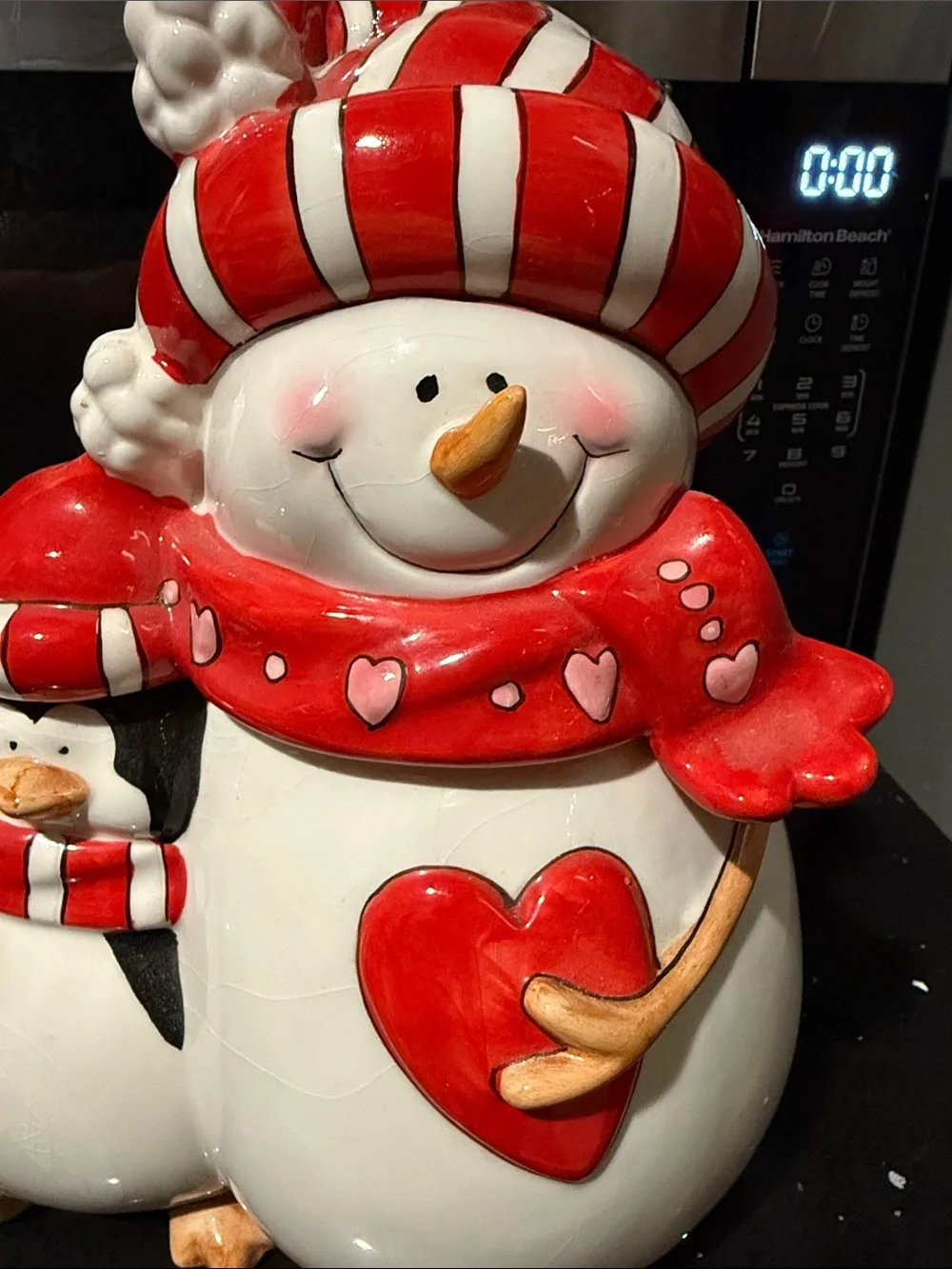 Festive Red & White Snowman with Penguin Ceramic Figurine - 11” x 10”